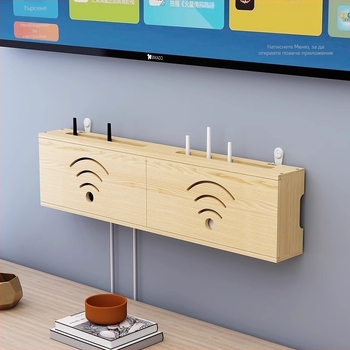 Дървена поставка за WiFi рутер и телевизионна приставка | Без пробиване, 1 ниво, за дневна стая