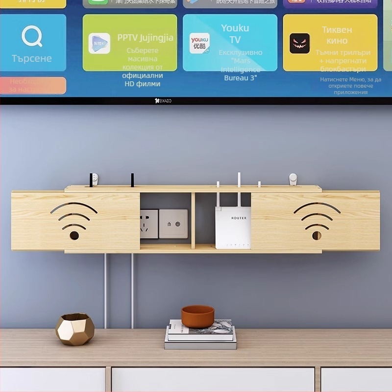 Дървена поставка за WiFi рутер и телевизионна приставка | Без пробиване, 1 ниво, за дневна стая