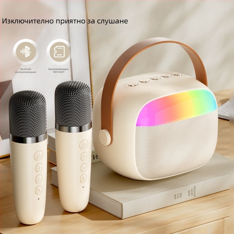 Bluetooth караоке високоговорител с микрофон за деца, преносим безжичен мини говорител, Bluetooth 5.3, 5W, 100 Hz–20 kHz, вградена батерия 800–1000 mAh, обхват до 5 м