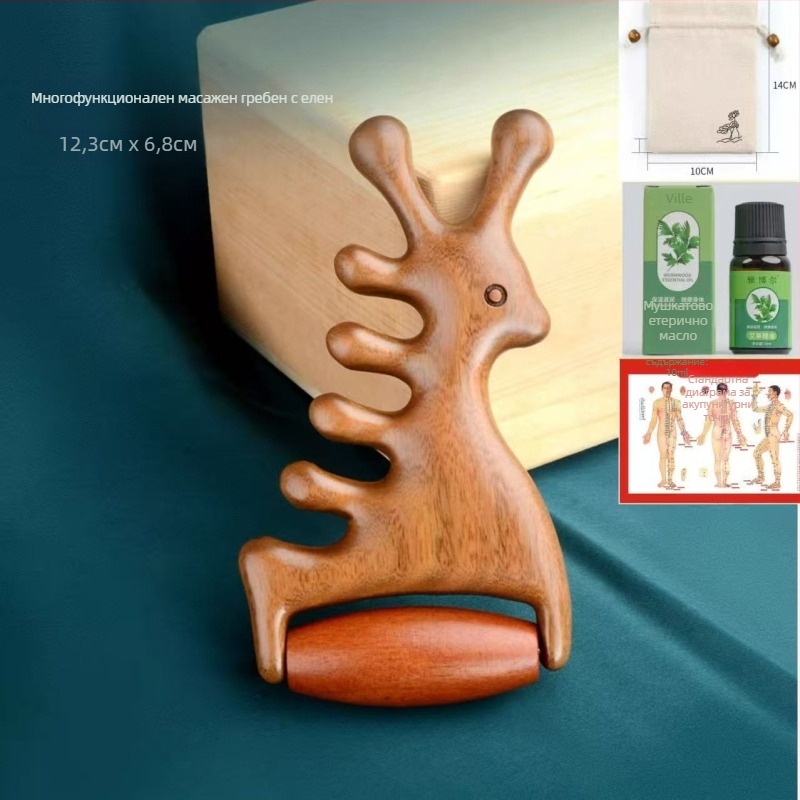 Гребен за масаж от сандалово дърво – меридиански масаж на скалпа и лицето, 4-в-едно: ролер за лице и гуаша масажор