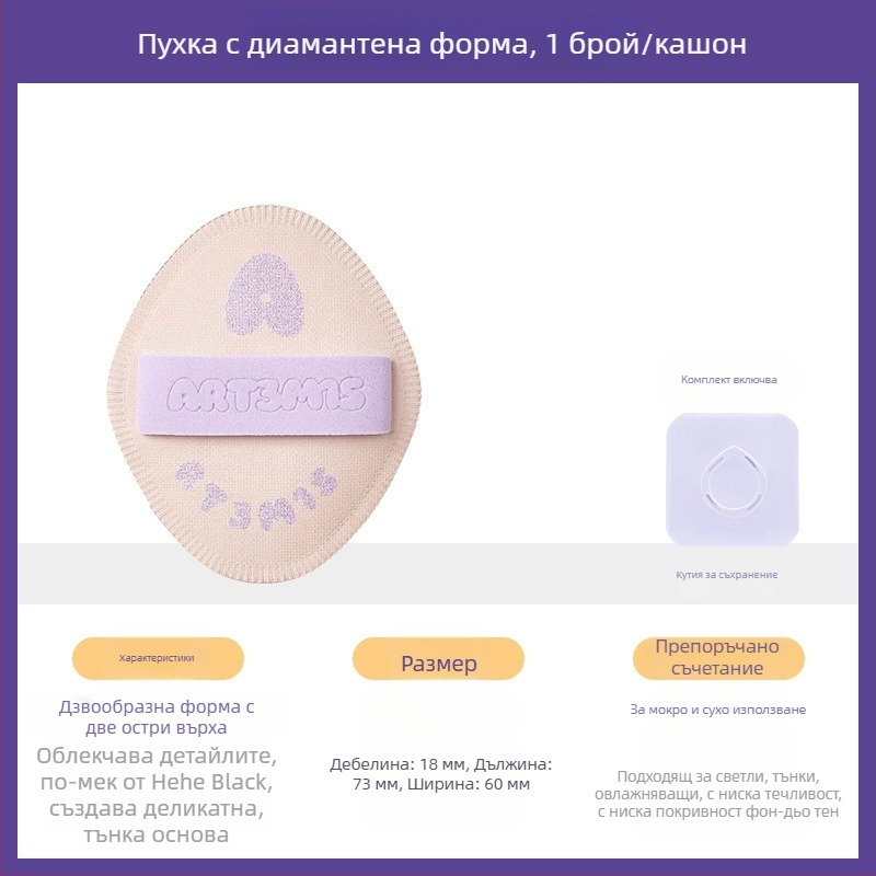 Двустранен пух за пудра с велурено покритие, капковидна и прасковена форма, полиуретан, 1 бр.