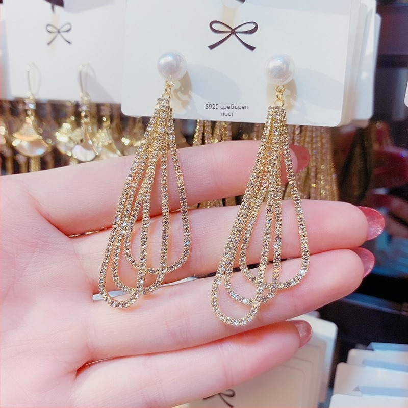 Женски обици с три слоя пискюли, златно покритие, 925 стерлингови иглички