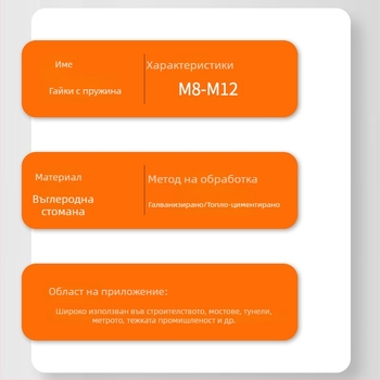 Галванизирана пружинна гайка за C-образен стоманен компонент — правоъглена лента гайка, антиразхлабващ болт; Марка Building; Стандарт JIS B1185-6-2010; Повърхност Галванизирана; Клас Grade B; Ниво на якост 4.8
