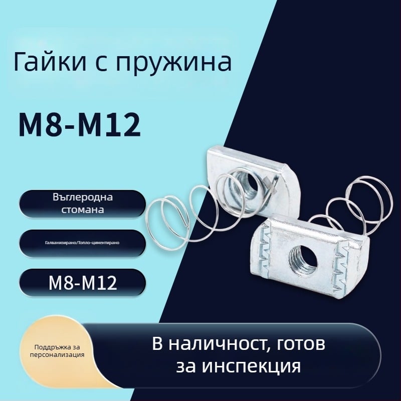 Галванизирана пружинна гайка за C-образен стоманен компонент — правоъглена лента гайка, антиразхлабващ болт; Марка Building; Стандарт JIS B1185-6-2010; Повърхност Галванизирана; Клас Grade B; Ниво на якост 4.8