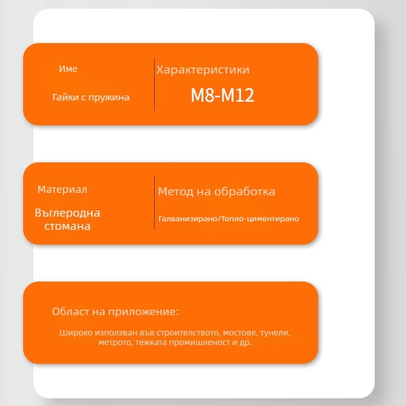 Галванизирана пружинна гайка за C-образен стоманен компонент — правоъглена лента гайка, антиразхлабващ болт; Марка Building; Стандарт JIS B1185-6-2010; Повърхност Галванизирана; Клас Grade B; Ниво на якост 4.8