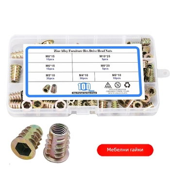 Гайка за мебели, Т-образна вградена гайка с вътрешни и външни резби; въглеродна стомана Q215, оцинковано покритие, клас A, якост Level 8