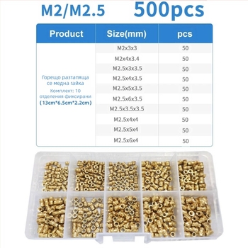 Комплект месингови вложени гайки, резби M2–M6, GB809 стандарт, стандартна якост