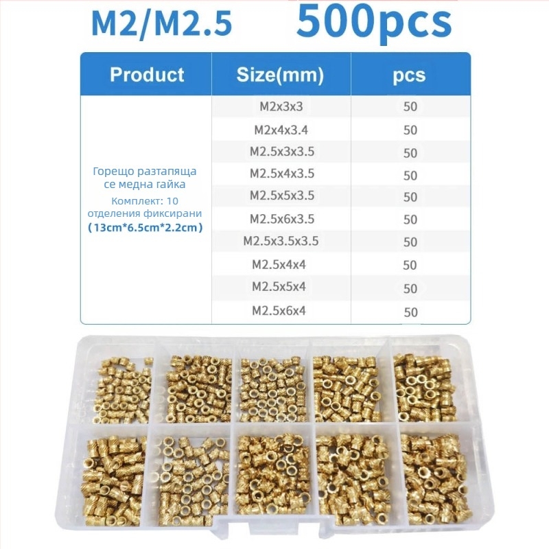 Комплект месингови вложени гайки, резби M2–M6, GB809 стандарт, стандартна якост