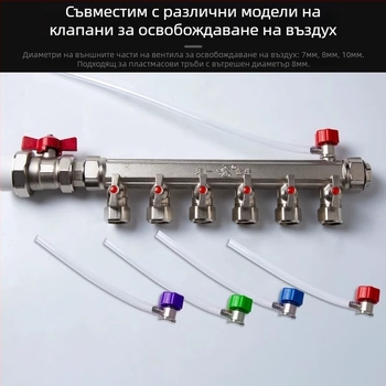 Тръба за подово отопление с водоизпускателен тръбопровод, воден разпределител, изпускателен вентил и дренажен маркуч