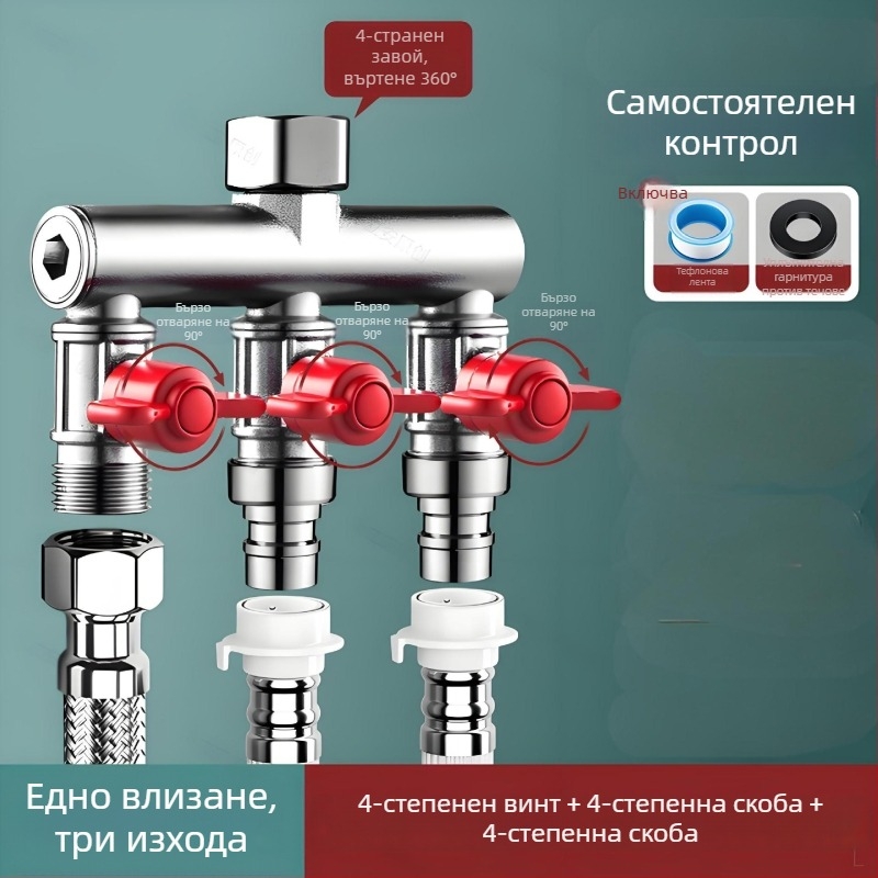 Вграден във стената тройна шарова клапа с разпределител за пералня, сплав, боядисано покритие, 4-портова странична тръба
