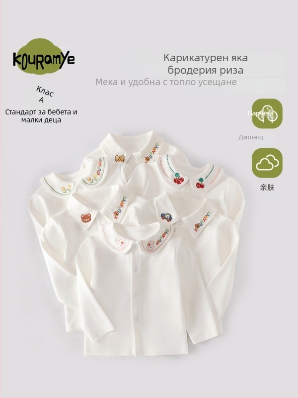 Унисекс детска поло риза с дълъг ръкав и лацелово-яка, 100% памук; подходяща за пролет, есен и зима; модели: животни, карикатури, букви, цветя