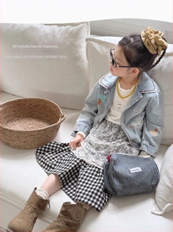 Дънкова риза-куртка с бродерия, есен 2025, 64% памук, едноредово закопчаване, модел животни/карикатури