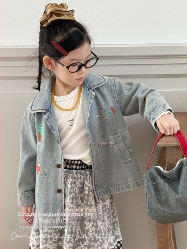 Дънкова риза-куртка с бродерия, есен 2025, 64% памук, едноредово закопчаване, модел животни/карикатури