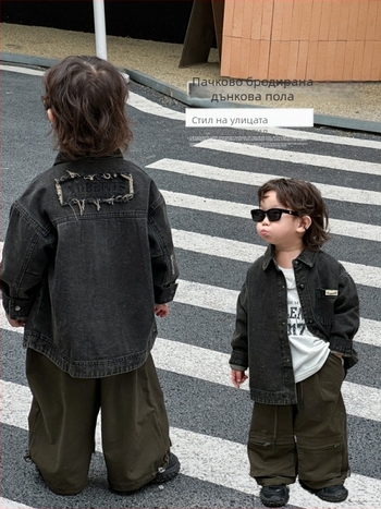 Детско дънково яке, корейски стил, 100% памук, без качулка, едно редово закопчаване