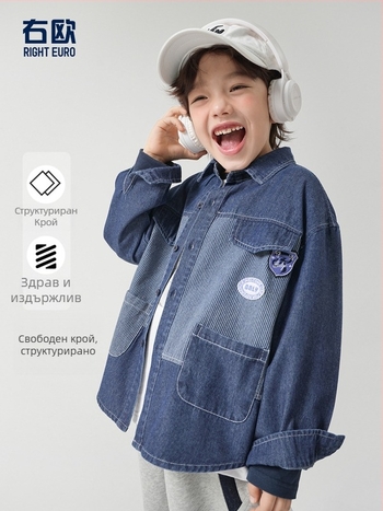 Дънкова риза за момчета, памучен бленд, дълги ръкави, яка с ревера, за пролет и есен