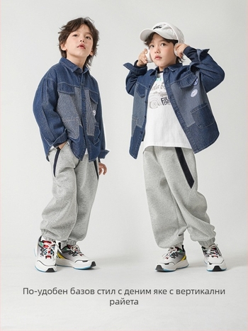 Дънкова риза за момчета, памучен бленд, дълги ръкави, яка с ревера, за пролет и есен