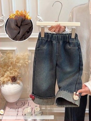 Дънки с подплата от флис, корейски стил, средна талия, есенно-зимни, за момичета