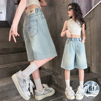 Дънкови капри за момичета, корейски стил, деним с 78,8% памук, висока талия, еластична лента, меко обработване