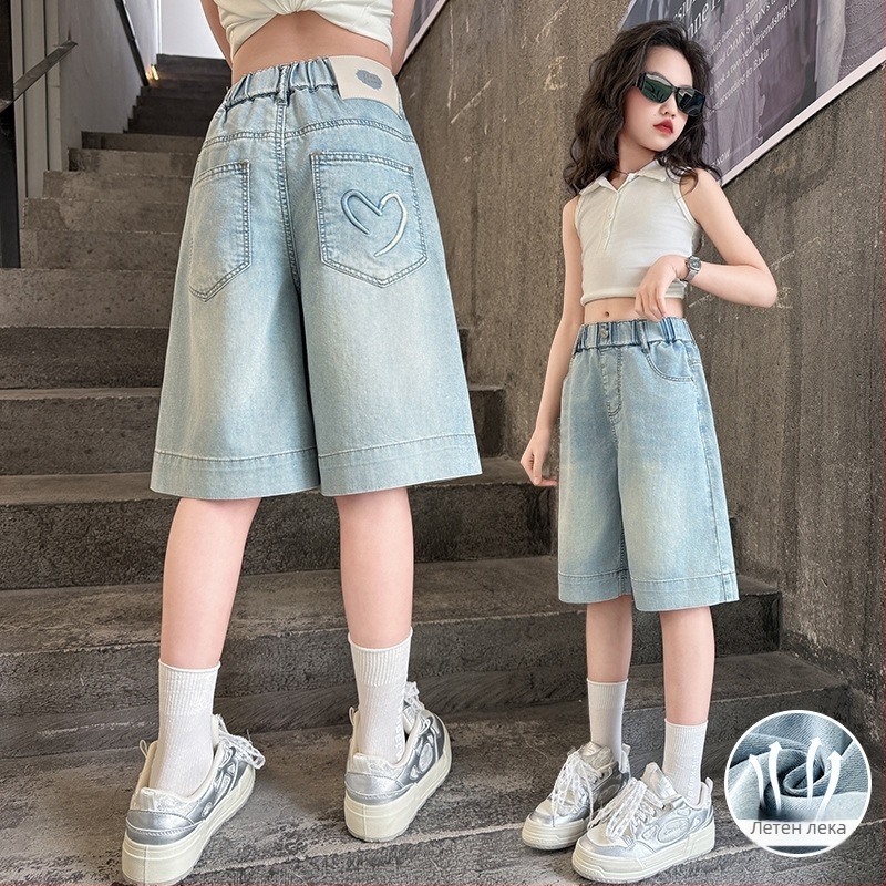 Дънкови капри за момичета, корейски стил, деним с 78,8% памук, висока талия, еластична лента, меко обработване