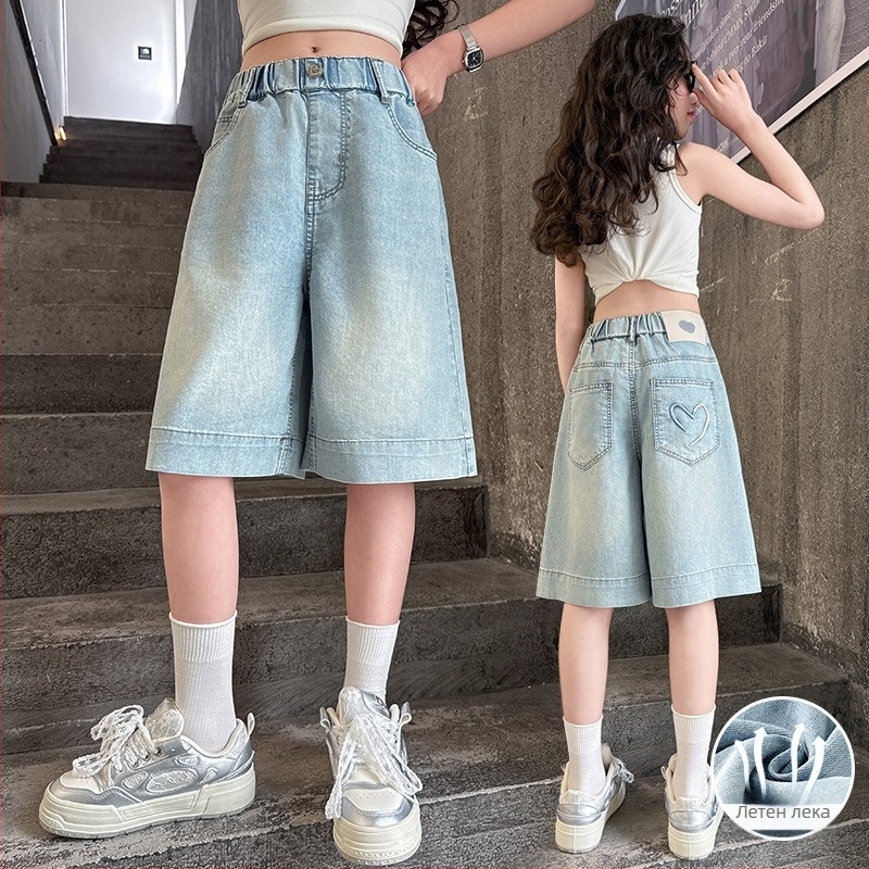 Дънкови капри за момичета, корейски стил, деним с 78,8% памук, висока талия, еластична лента, меко обработване