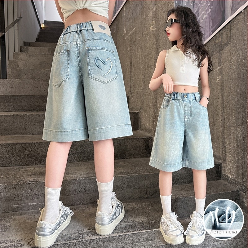 Дънкови капри за момичета, корейски стил, деним с 78,8% памук, висока талия, еластична лента, меко обработване