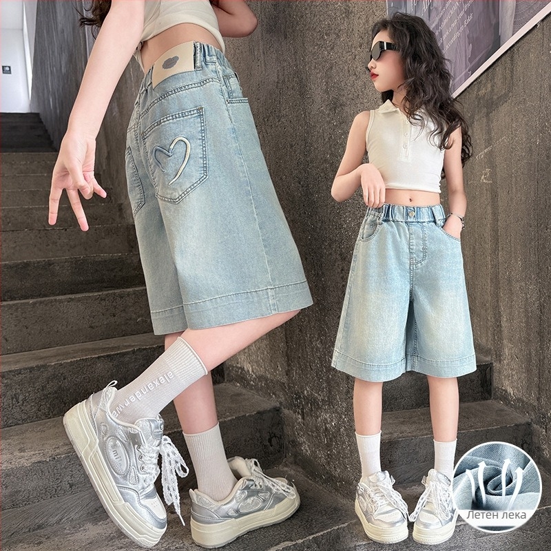 Дънкови капри за момичета, корейски стил, деним с 78,8% памук, висока талия, еластична лента, меко обработване