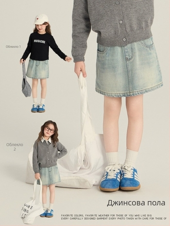 Дънкова пола A-line за момичета, корейски стил, памучна смес 88% памук, 9% полиестер, 3% вискоза, подплата от найлон, за възраст 3–8 години