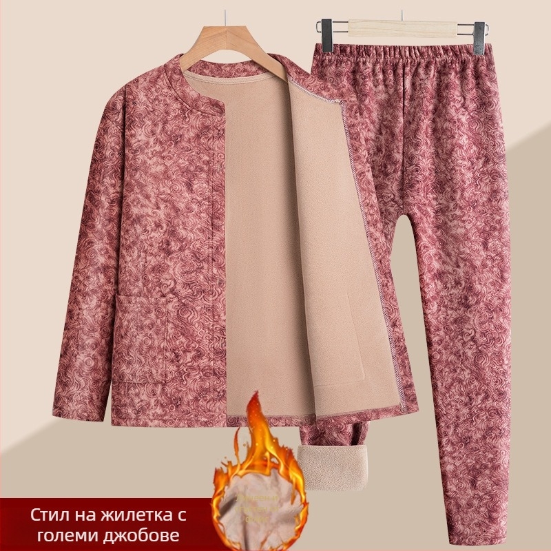 Термо комплект кардиган за възрастни жени – флорална шарка, Cloud warm velvet, дълги ръкави, кръгло деколте, дебелина 251–300 g/m2