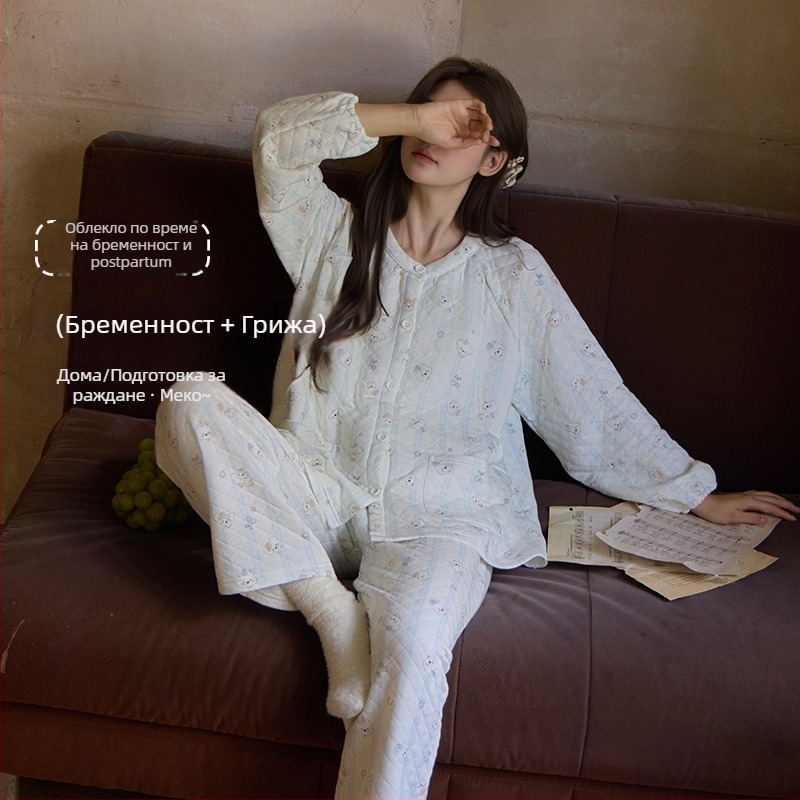 Пижама комплект за родилки - 100% памук, дебел трислоен въздушен плат (251-300 g/m²), с прорез за кърмене, дълги ръкави, кръгла яка