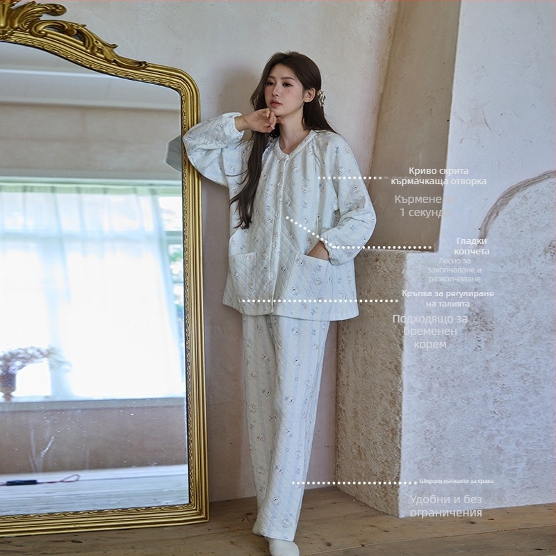 Пижама комплект за родилки - 100% памук, дебел трислоен въздушен плат (251-300 g/m²), с прорез за кърмене, дълги ръкави, кръгла яка