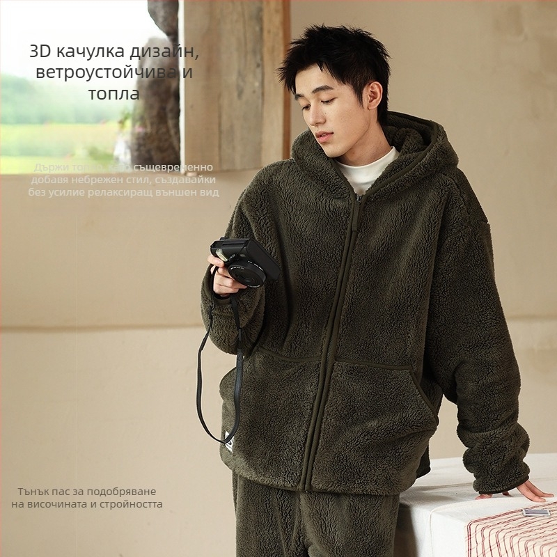 Мъжки комплект пижами с качулка от дебел плюш – стил кардиган, V-образно деколте, дълги ръкави, много плътна тъкан 401–500 g/m², подходящ за зимата, пролетта и есента