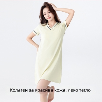 Памучна дамска нощница с къс ръкав, V-образно деколте, вградена подплата за бюст, за домашно облекло през лятото