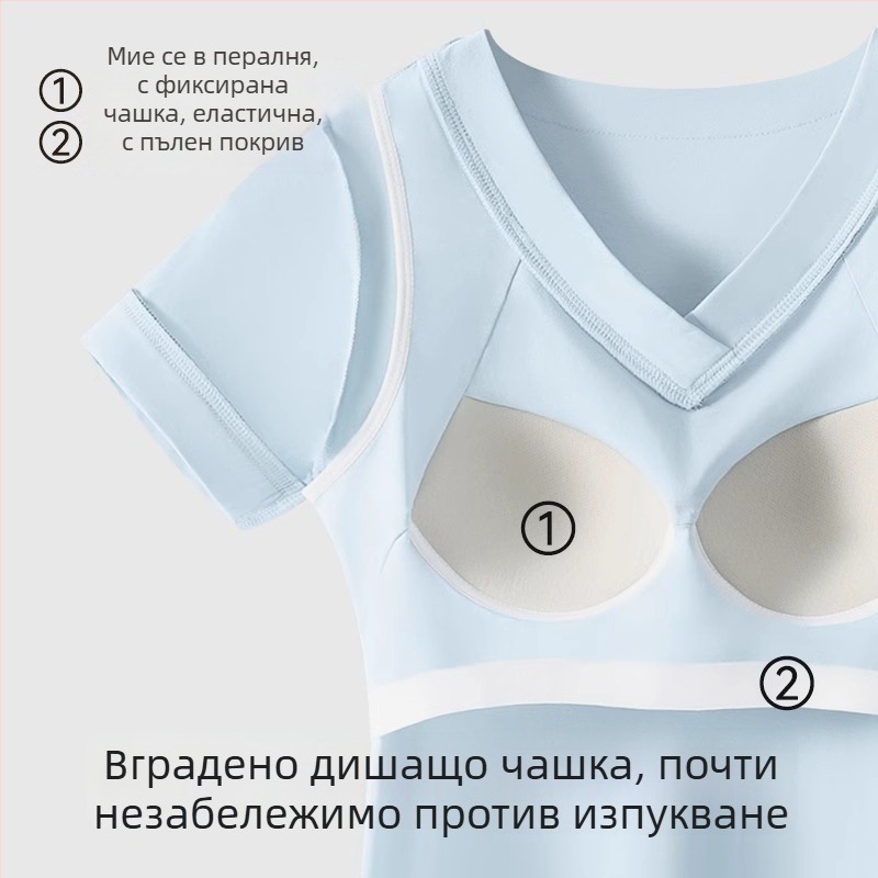 Памучна дамска нощница с къс ръкав, V-образно деколте, вградена подплата за бюст, за домашно облекло през лятото