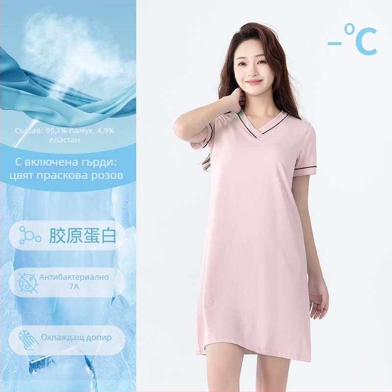 Памучна дамска нощница с къс ръкав, V-образно деколте, вградена подплата за бюст, за домашно облекло през лятото
