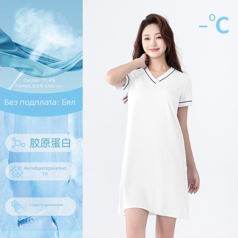 Памучна дамска нощница с къс ръкав, V-образно деколте, вградена подплата за бюст, за домашно облекло през лятото