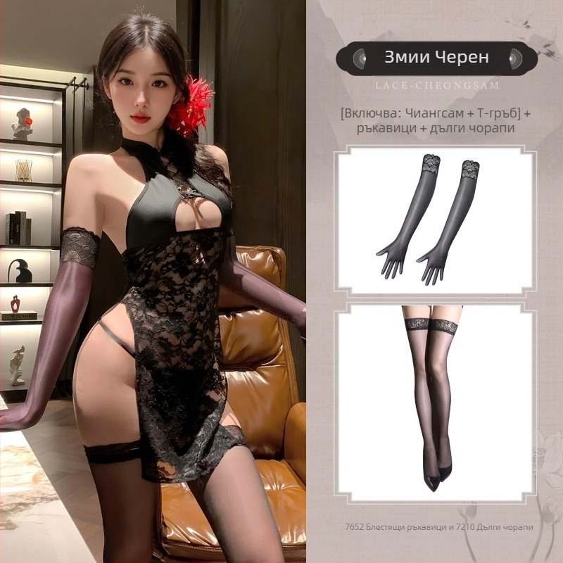 Ципао рокля с прозрачен дантелен прорез и висока яка; Lace + milk silk плат; полиестер