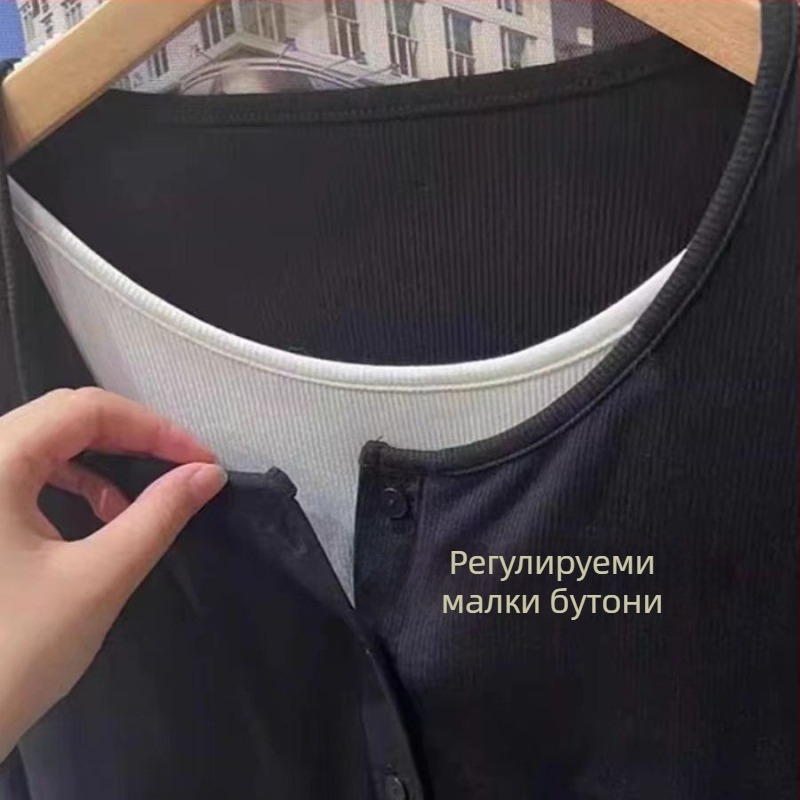 Дълъг ръкав Тениска с фиктивен двусъставен комплект, лежерен стил, вискозно влакно, модел с хармоничен принт