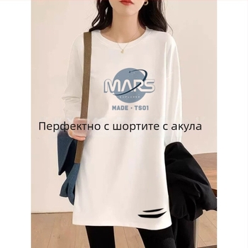 Тениска с двустранно кадифе, Derong основен материал, кръгла яка, дълги ръкави, средна дължина, свободна кройка, бродирани детайли