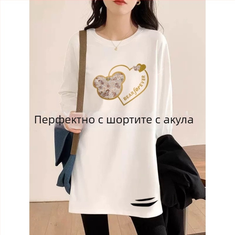 Тениска с двустранно кадифе, Derong основен материал, кръгла яка, дълги ръкави, средна дължина, свободна кройка, бродирани детайли