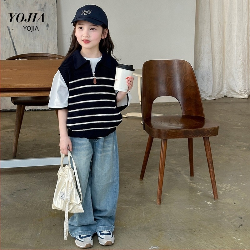 Детска плетена жилетка за момичета, корейски стил, без ръкави, V-образно деколте, полиестер, пролет 2025