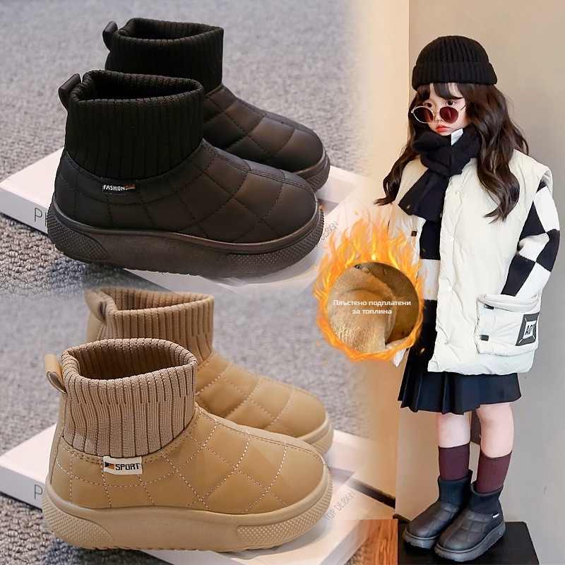 Детски ботуши с подплата от полар, горна част в райета, гумена подметка, унисекс, корейски модел