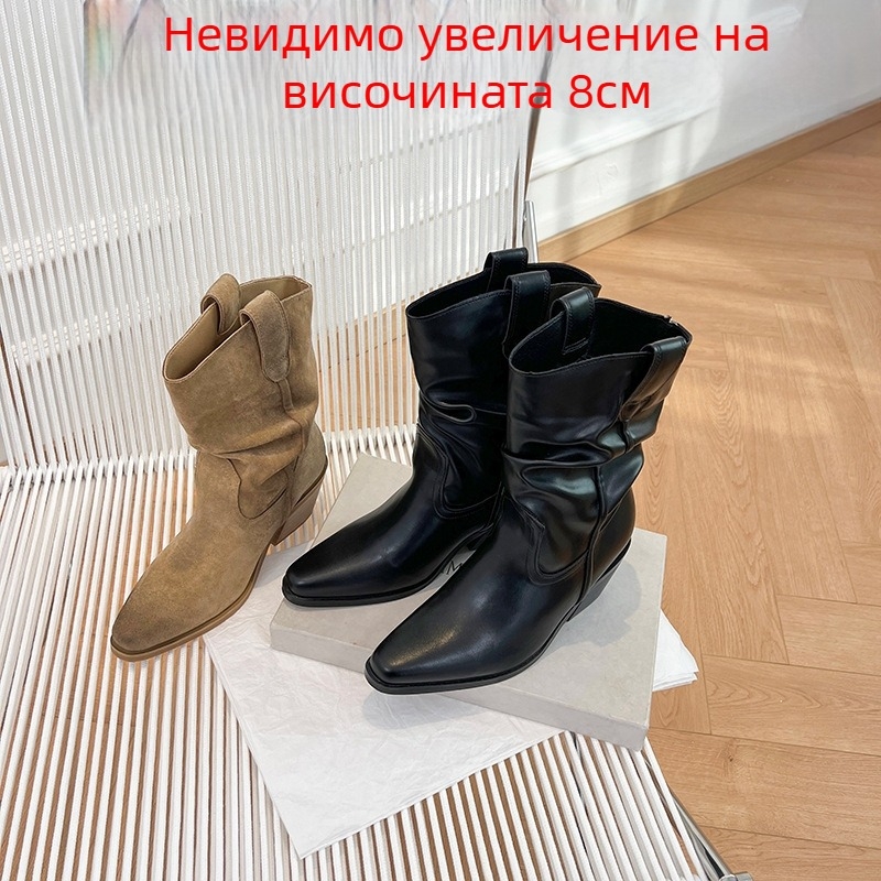 Дамски велурени каубойски ботуши с заострен нос и дебел ток 6-8 cm, гумена подметка, ретро стил