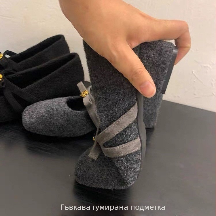 Дамски Мери Джейн обувки с дебел ток и квадратен нос – велурена горна част, подплата от изкуствен пух, нисък връх, гумена подметка, зимна топлина