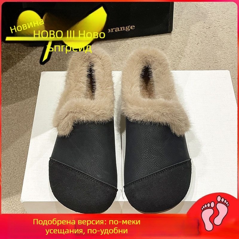 Дамски зимни обувки с подплата от изкуствен пух, кръгъл нос, без връзки, нисък ток, горна част изкуствена кожа