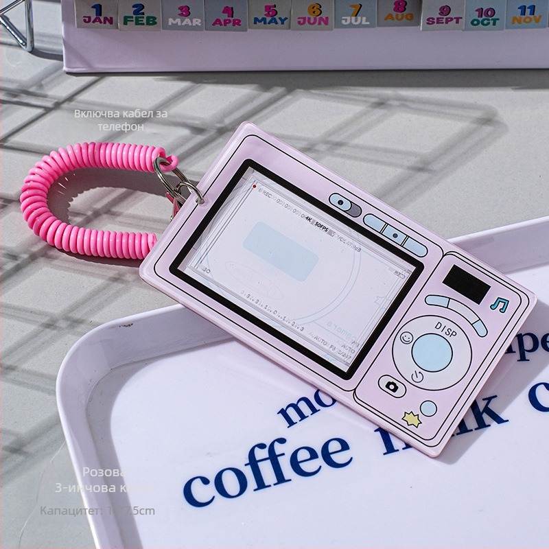 Акрилен държач за карти с мотив ретро фотоапарат — съхранение на карти, ID и снимки, модерен минималистичен стил