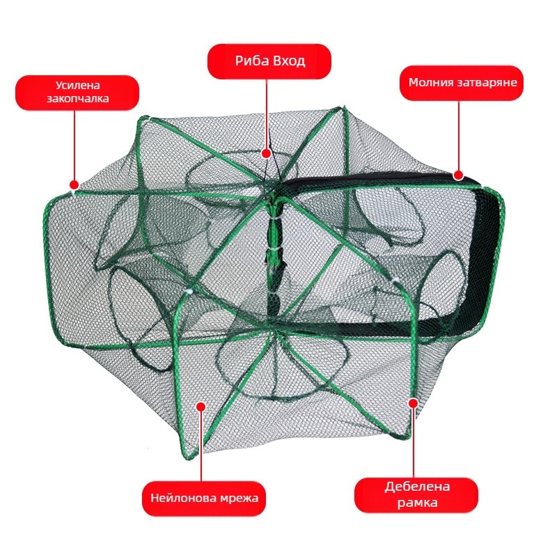 Кошница за скариди – подсилена сгъваема конструкция, автоматично риболовно заграждение, нейлонова конструкция