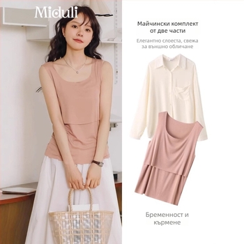 Потник за майчинство и кърмене - без ръкави, кръгло деколте, тясна кройка, с отвор за кърмене, полиестер-еластанова смес