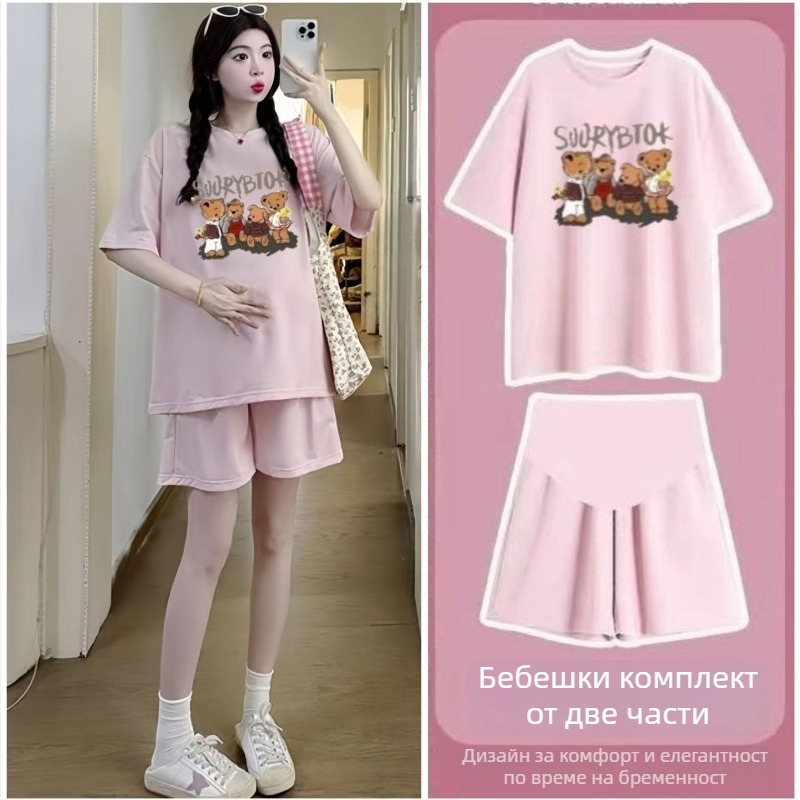 Майчин двучастен летен комплект: шорти и тениска, принт с анимационен мотив, 3/4 ръкав, полиестерен бленд с еластан