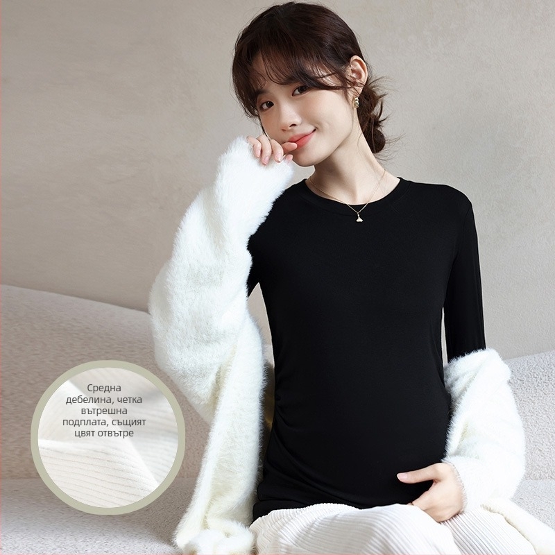 Бременна блуза – корейски стил, висока еластичност, кръгло деколте, дълъг ръкав