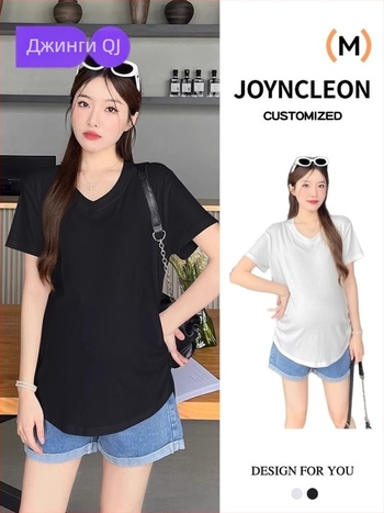 Бременна блуза с V-образно деколте, къси ръкави, свободен силует, памук 90–95%, средна дължина 65–80 см